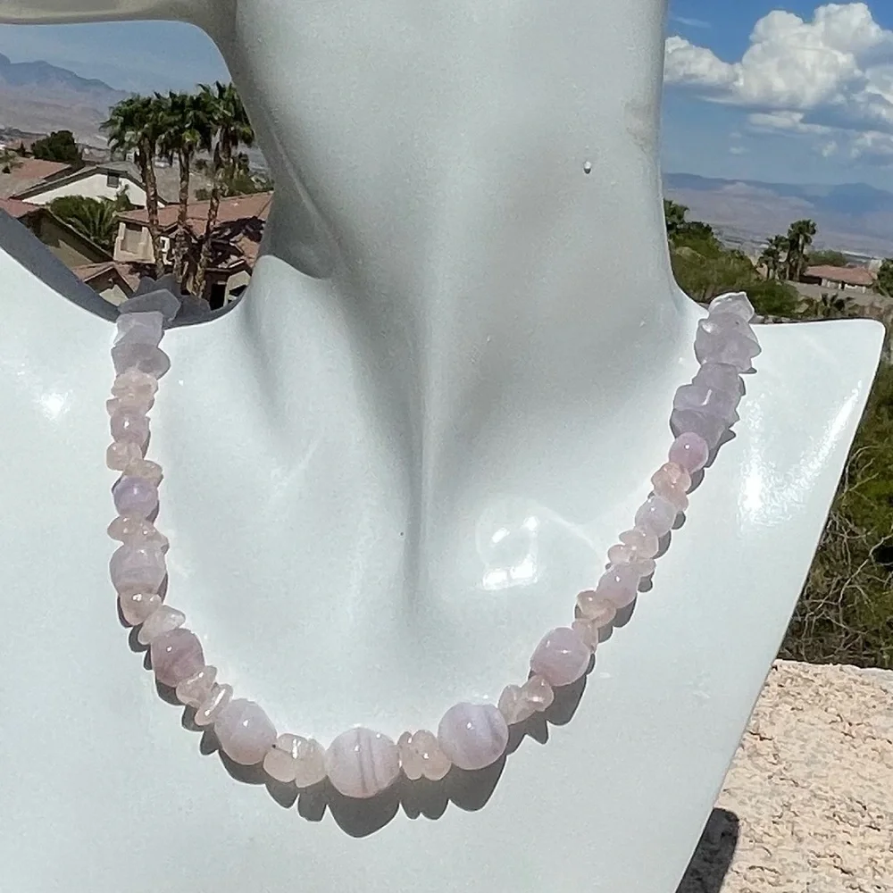 Rose Quartz & Glass Bead Necklace with Sterling Clasp